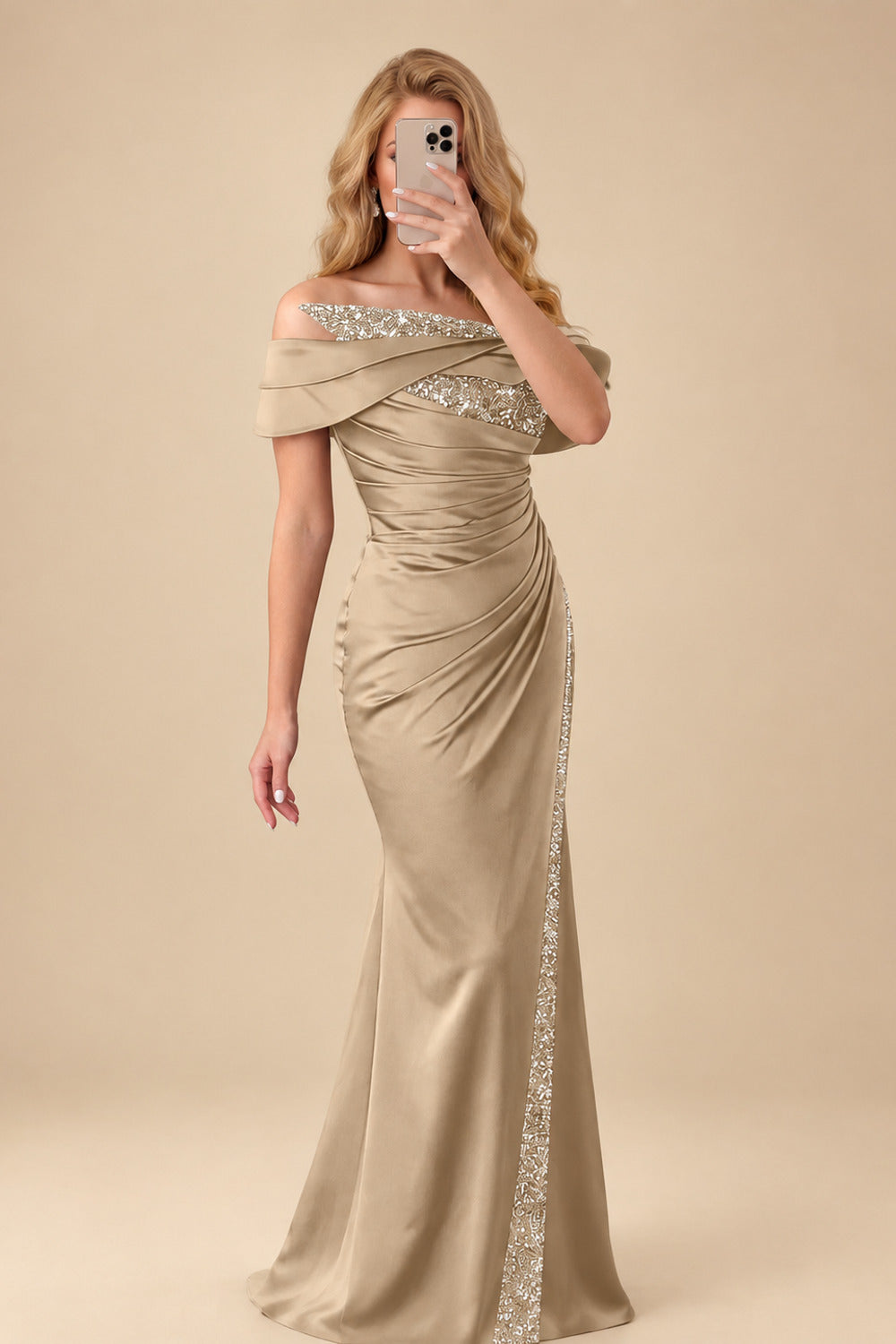 Rutipo Champagne Sheath/Column Off-The-Shoulder Sleeveless Acetate Satin Prom Dresses With Rhinestone