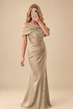 Rutipo Champagne Sheath/Column Off-The-Shoulder Sleeveless Acetate Satin Prom Dresses With Rhinestone