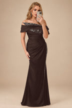 Rutipo Chocolate Sheath/Column Off-The-Shoulder Sleeveless Acetate Satin Prom Dresses With Rhinestone