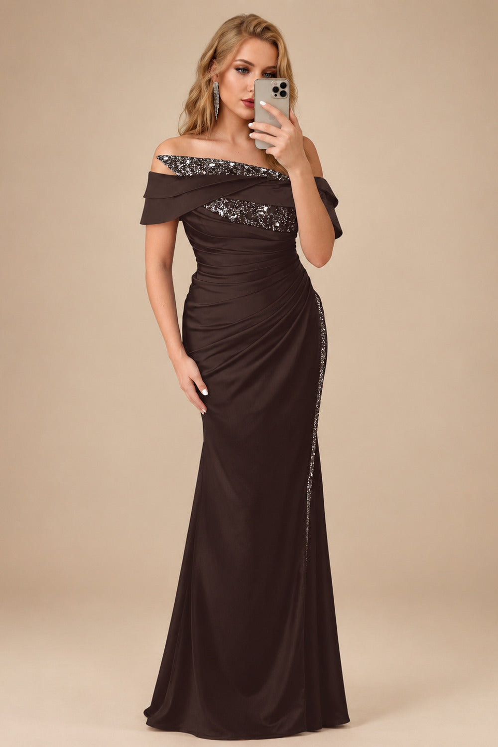 Rutipo Chocolate Sheath/Column Off-The-Shoulder Sleeveless Acetate Satin Prom Dresses With Rhinestone