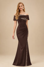 Rutipo Chocolate Sheath/Column Off-The-Shoulder Sleeveless Acetate Satin Prom Dresses With Rhinestone