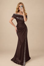 Rutipo Chocolate Sheath/Column Off-The-Shoulder Sleeveless Acetate Satin Prom Dresses With Rhinestone