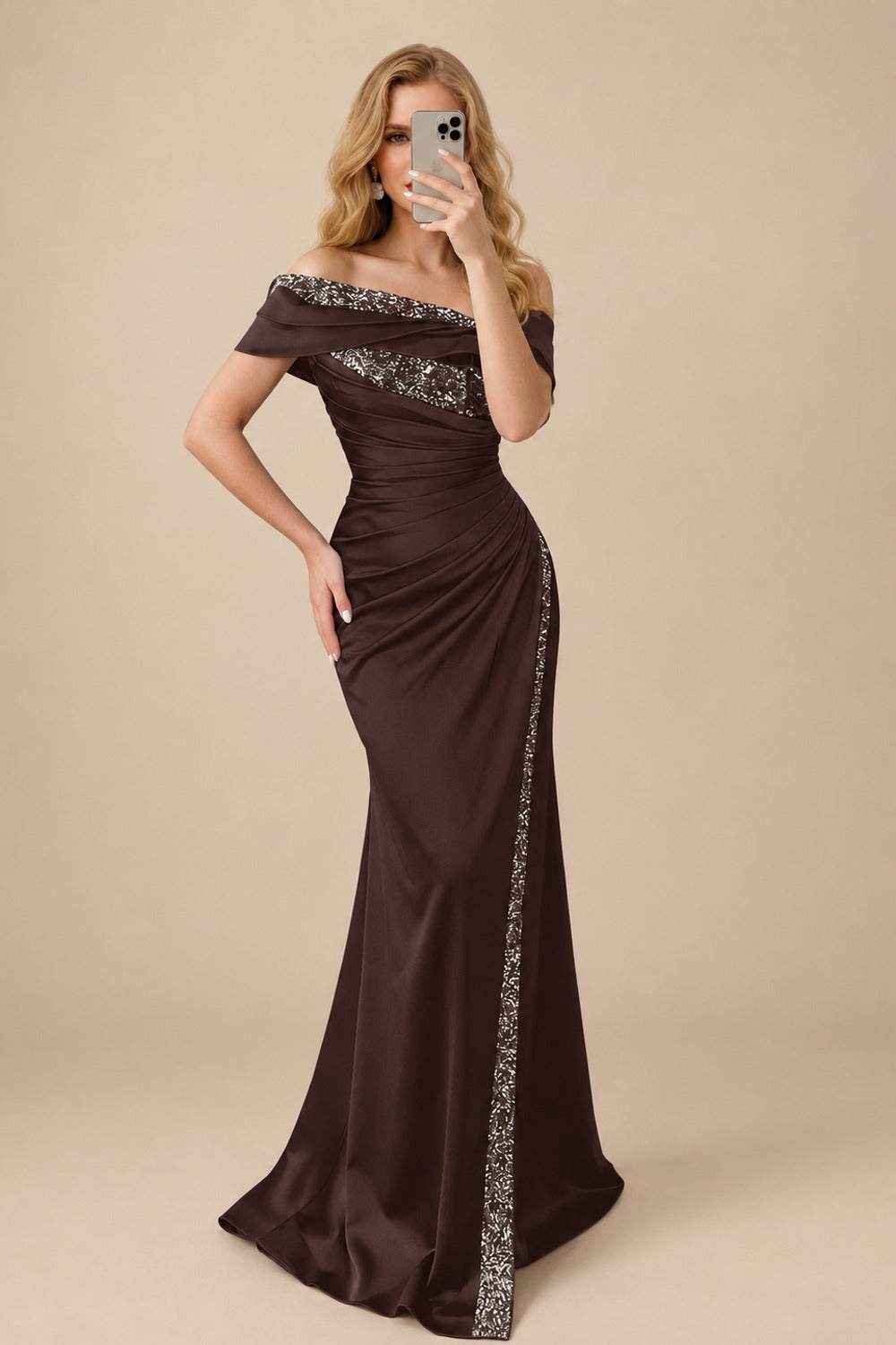 Rutipo Chocolate Sheath/Column Off-The-Shoulder Sleeveless Acetate Satin Prom Dresses With Rhinestone