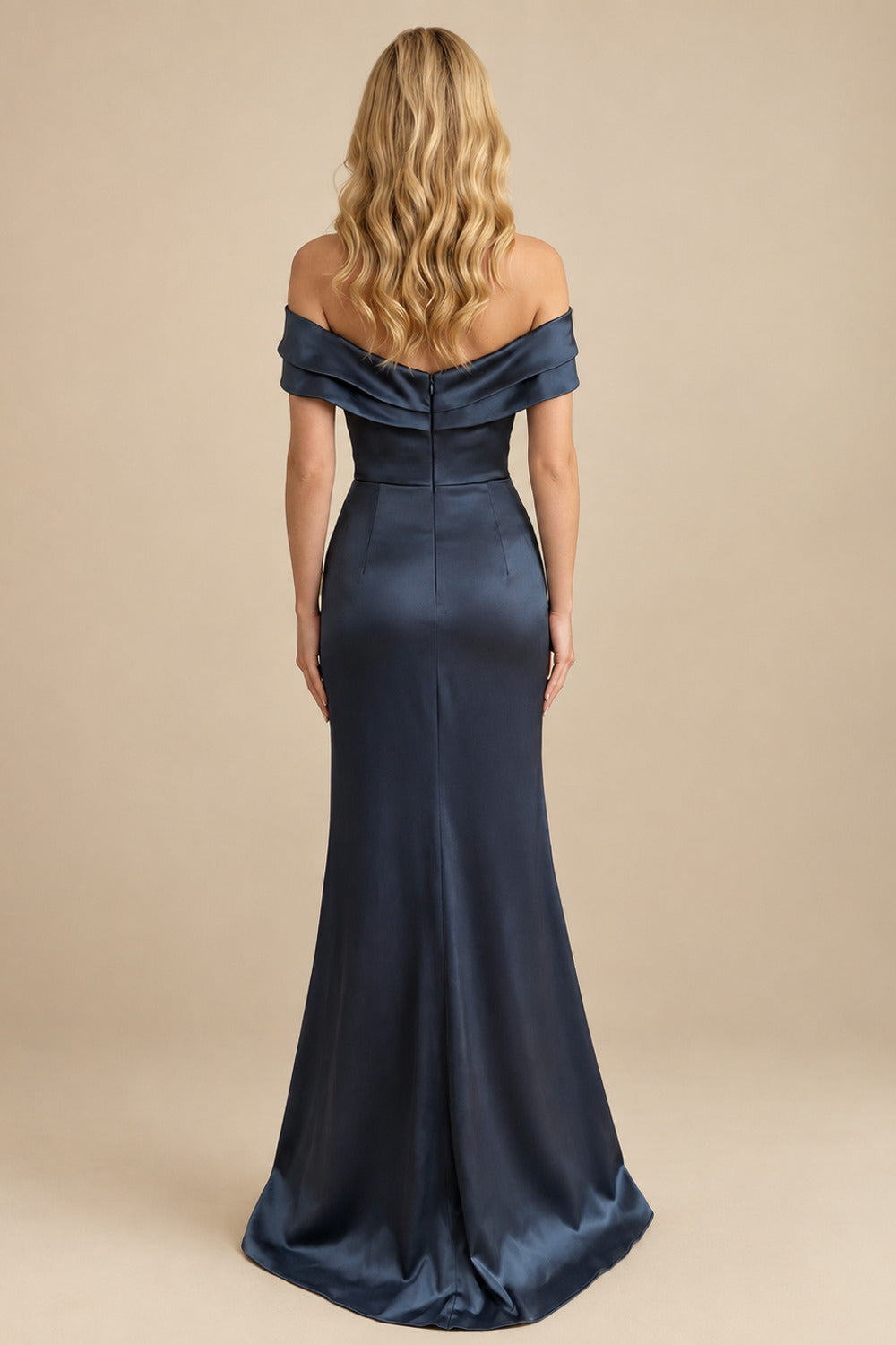 Rutipo Dark Navy Sheath/Column Off-The-Shoulder Sleeveless Acetate Satin Prom Dresses With Rhinestone