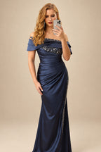 Rutipo Dark Navy Sheath/Column Off-The-Shoulder Sleeveless Acetate Satin Prom Dresses With Rhinestone