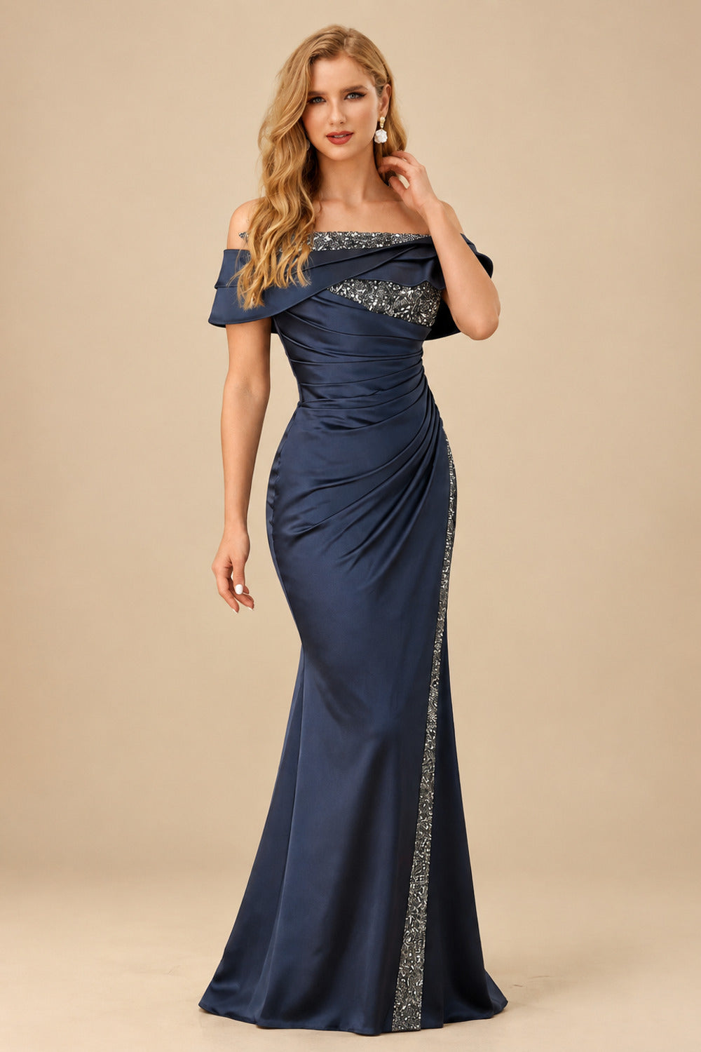 Rutipo Dark Navy Sheath/Column Off-The-Shoulder Sleeveless Acetate Satin Prom Dresses With Rhinestone