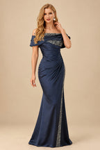 Rutipo Dark Navy Sheath/Column Off-The-Shoulder Sleeveless Acetate Satin Prom Dresses With Rhinestone
