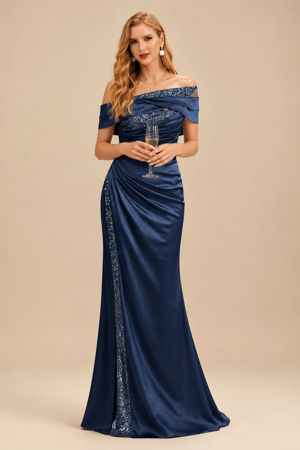 Rutipo Dark Navy Sheath/Column Off-The-Shoulder Sleeveless Acetate Satin Prom Dresses With Rhinestone