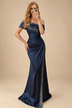 Rutipo Dark Navy Sheath/Column Off-The-Shoulder Sleeveless Acetate Satin Prom Dresses With Rhinestone