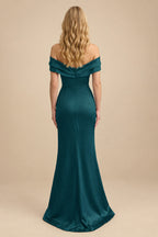 Rutipo Peacock Sheath/Column Off-The-Shoulder Sleeveless Acetate Satin Prom Dresses With Rhinestone
