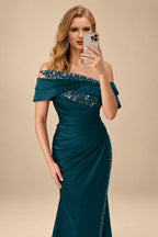 Rutipo Peacock Sheath/Column Off-The-Shoulder Sleeveless Acetate Satin Prom Dresses With Rhinestone