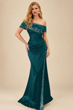 Rutipo Peacock Sheath/Column Off-The-Shoulder Sleeveless Acetate Satin Prom Dresses With Rhinestone