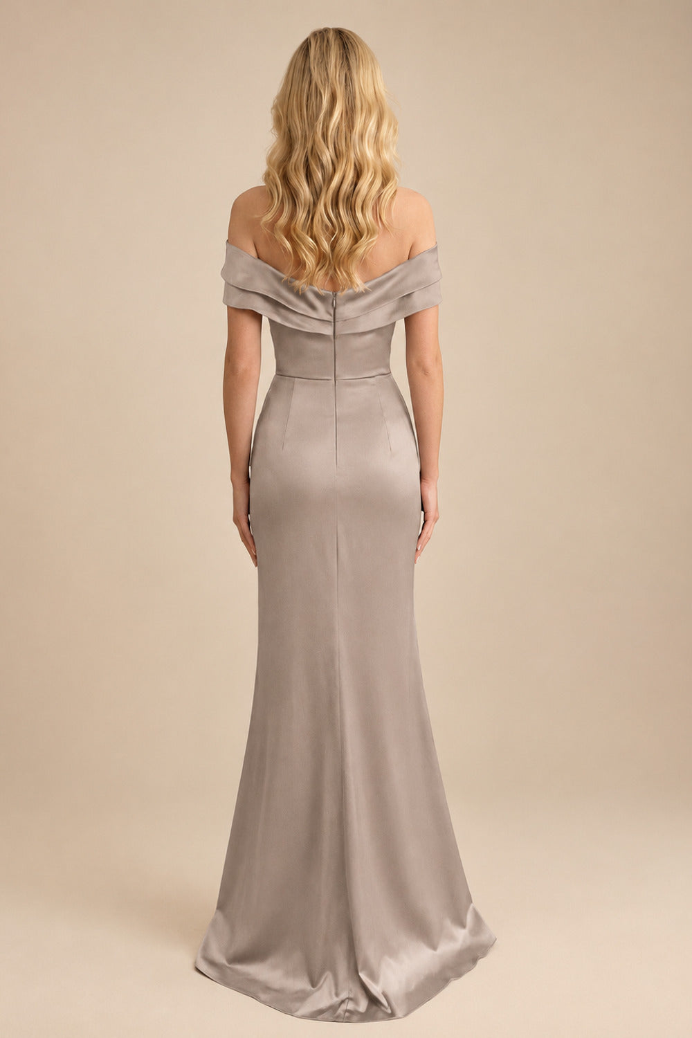 Rutipo Taupe Sheath/Column Off-The-Shoulder Sleeveless Acetate Satin Prom Dresses With Rhinestone