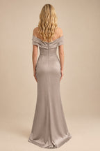 Rutipo Taupe Sheath/Column Off-The-Shoulder Sleeveless Acetate Satin Prom Dresses With Rhinestone