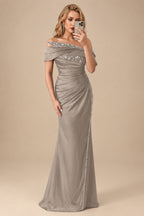 Rutipo Taupe Sheath/Column Off-The-Shoulder Sleeveless Acetate Satin Prom Dresses With Rhinestone