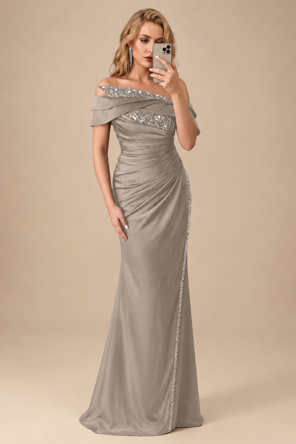 Rutipo Taupe Sheath/Column Off-The-Shoulder Sleeveless Acetate Satin Prom Dresses With Rhinestone