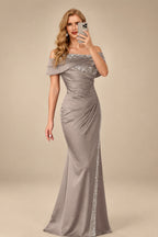 Rutipo Taupe Sheath/Column Off-The-Shoulder Sleeveless Acetate Satin Prom Dresses With Rhinestone