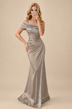 Rutipo Taupe Sheath/Column Off-The-Shoulder Sleeveless Acetate Satin Prom Dresses With Rhinestone