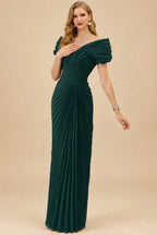 Rutipo Dark Green Sheath/Column Off-The-Shoulder Elastic Satin Prom Dresses With Pleated