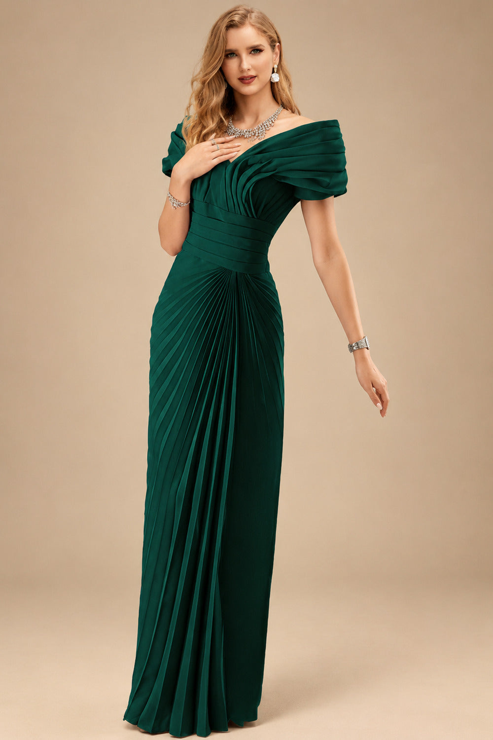 Rutipo Emerald Sheath/Column Off-The-Shoulder Elastic Satin Prom Dresses With Pleated