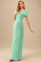 Rutipo Mint Green Sheath/Column Off-The-Shoulder Elastic Satin Prom Dresses With Pleated