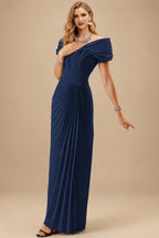 Rutipo Navy Blue Sheath/Column Off-The-Shoulder Elastic Satin Prom Dresses With Pleated