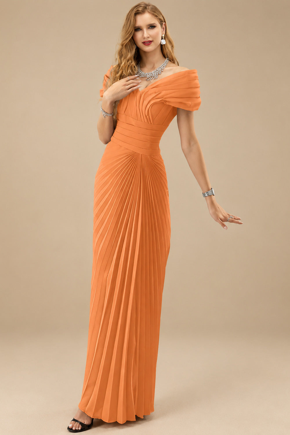 Rutipo Orange Sheath/Column Off-The-Shoulder Elastic Satin Prom Dresses With Pleated