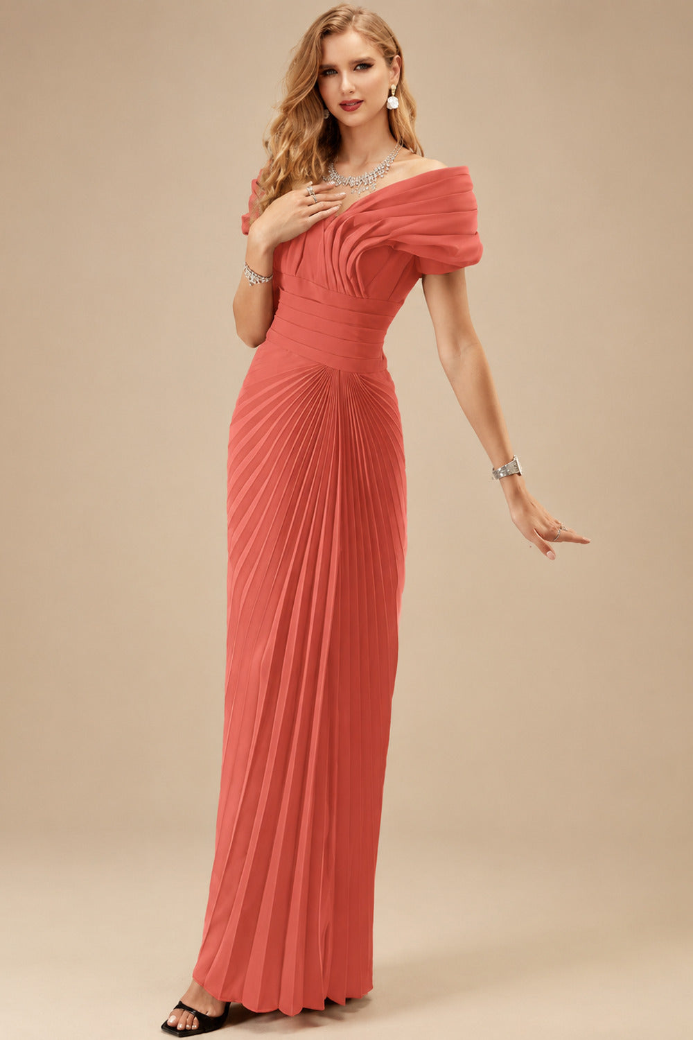 Rutipo Papaya Sheath/Column Off-The-Shoulder Elastic Satin Prom Dresses With Pleated