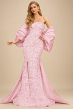 Rutipo Blushing Pink Trumpet/Mermaid Off-The-Shoulder Sequined Prom Dresses With Split Front