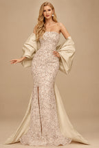 Rutipo Champagne Trumpet/Mermaid Off-The-Shoulder Sequined Prom Dresses With Split Front