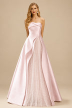 Rutipo Blushing Pink A-Line Strapless Sleeveless Floor-Length Satin Prom Dresses