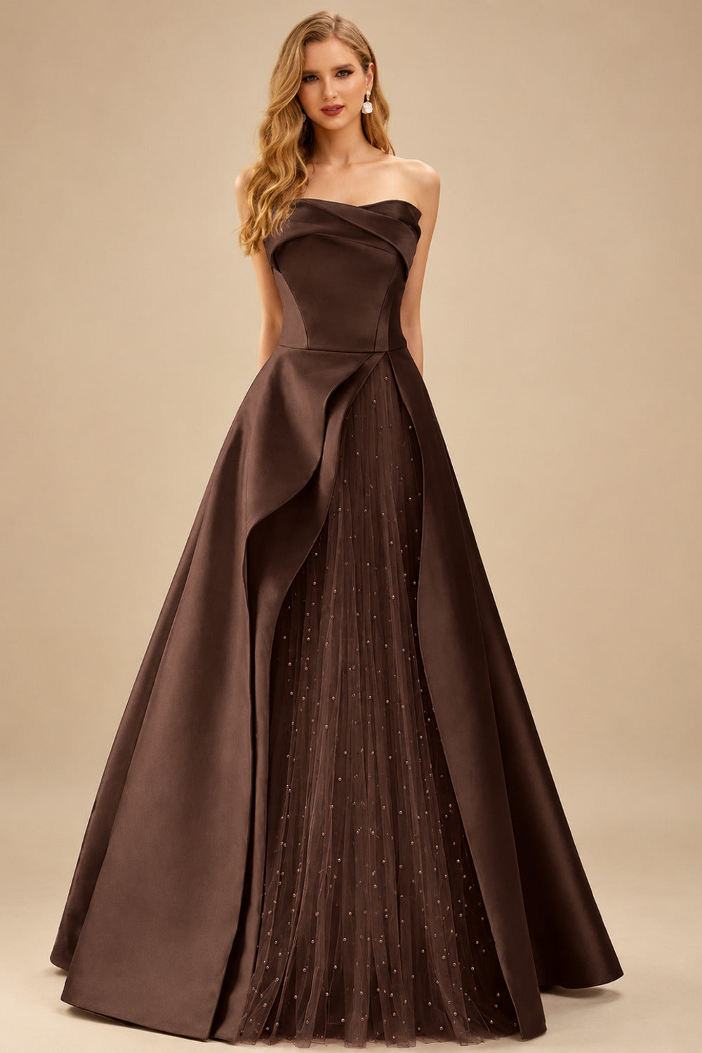 Rutipo Chocolate A-Line Strapless Sleeveless Floor-Length Satin Prom Dresses