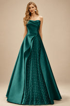Rutipo Emerald A-Line Strapless Sleeveless Floor-Length Satin Prom Dresses