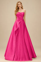 Rutipo Hot Pink A-Line Strapless Sleeveless Floor-Length Satin Prom Dresses