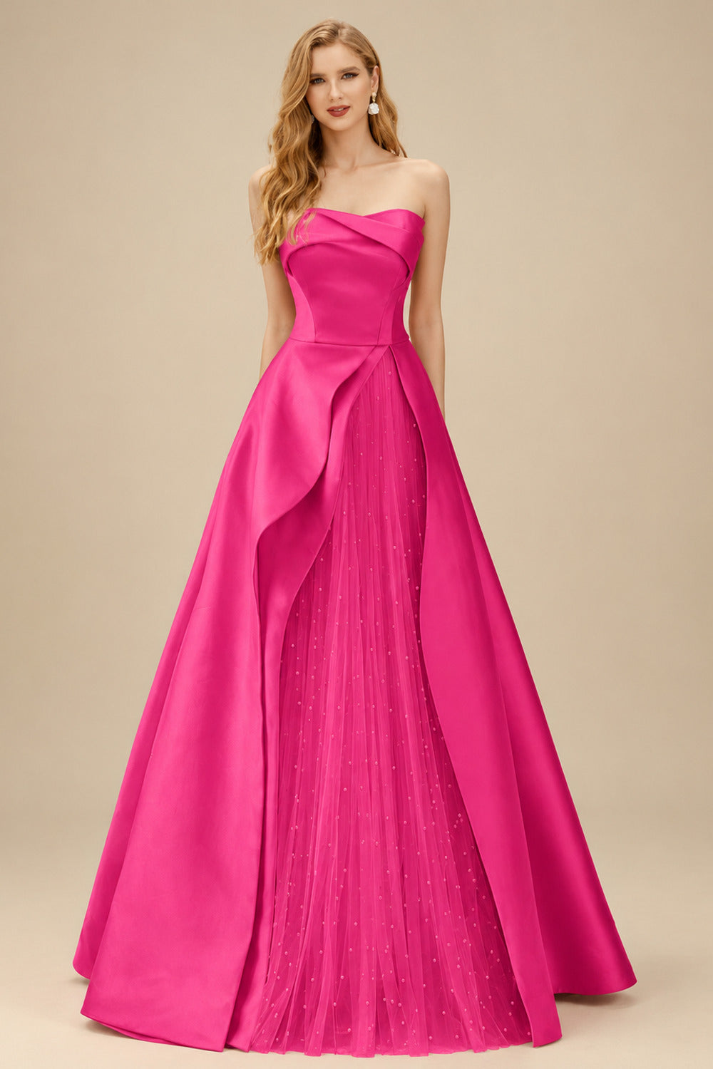 Rutipo Hot Pink A-Line Strapless Sleeveless Floor-Length Satin Prom Dresses