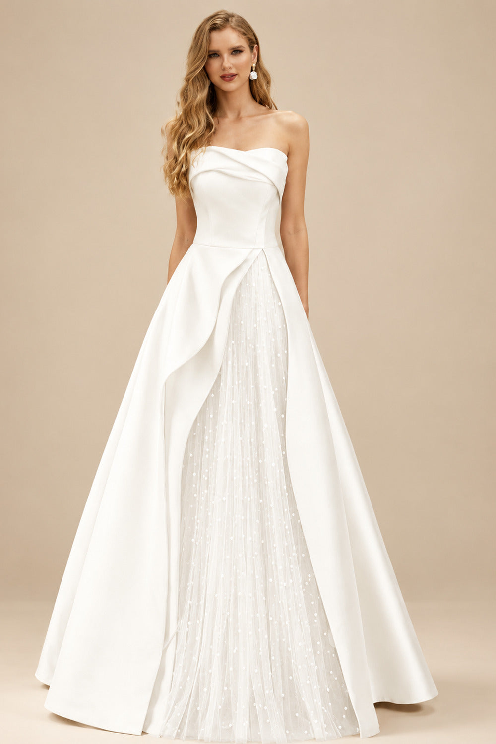 Rutipo Ivory A-Line Strapless Sleeveless Floor-Length Satin Prom Dresses