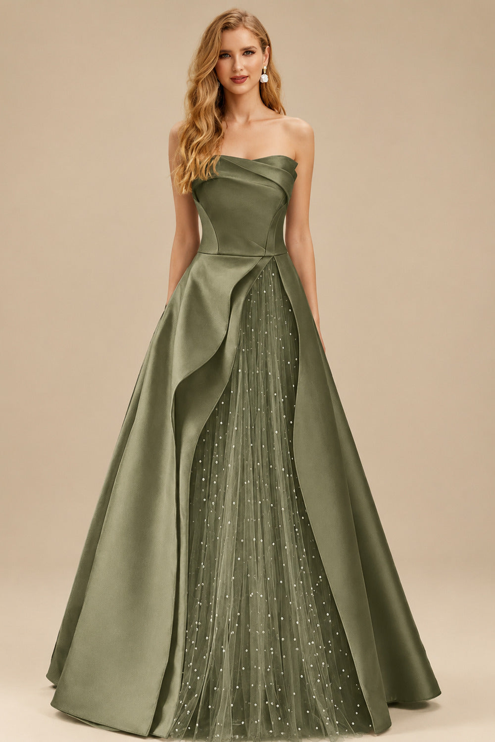 Rutipo Olive Green A-Line Strapless Sleeveless Floor-Length Satin Prom Dresses