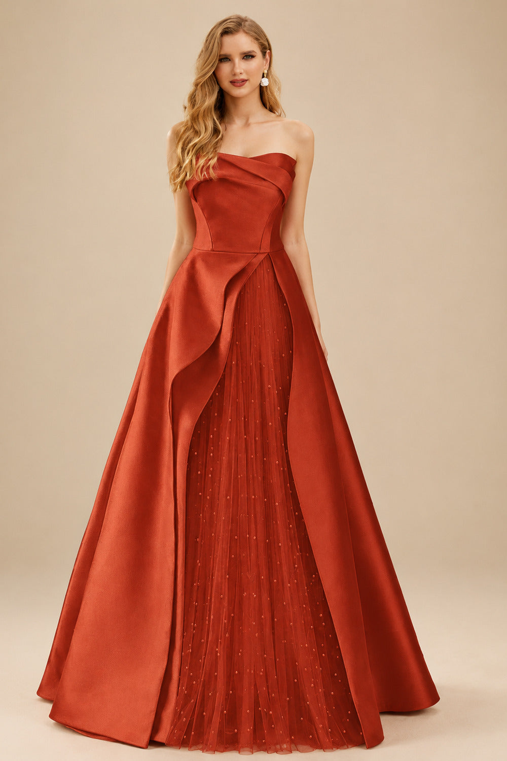 Rutipo Terracotta A-Line Strapless Sleeveless Floor-Length Satin Prom Dresses