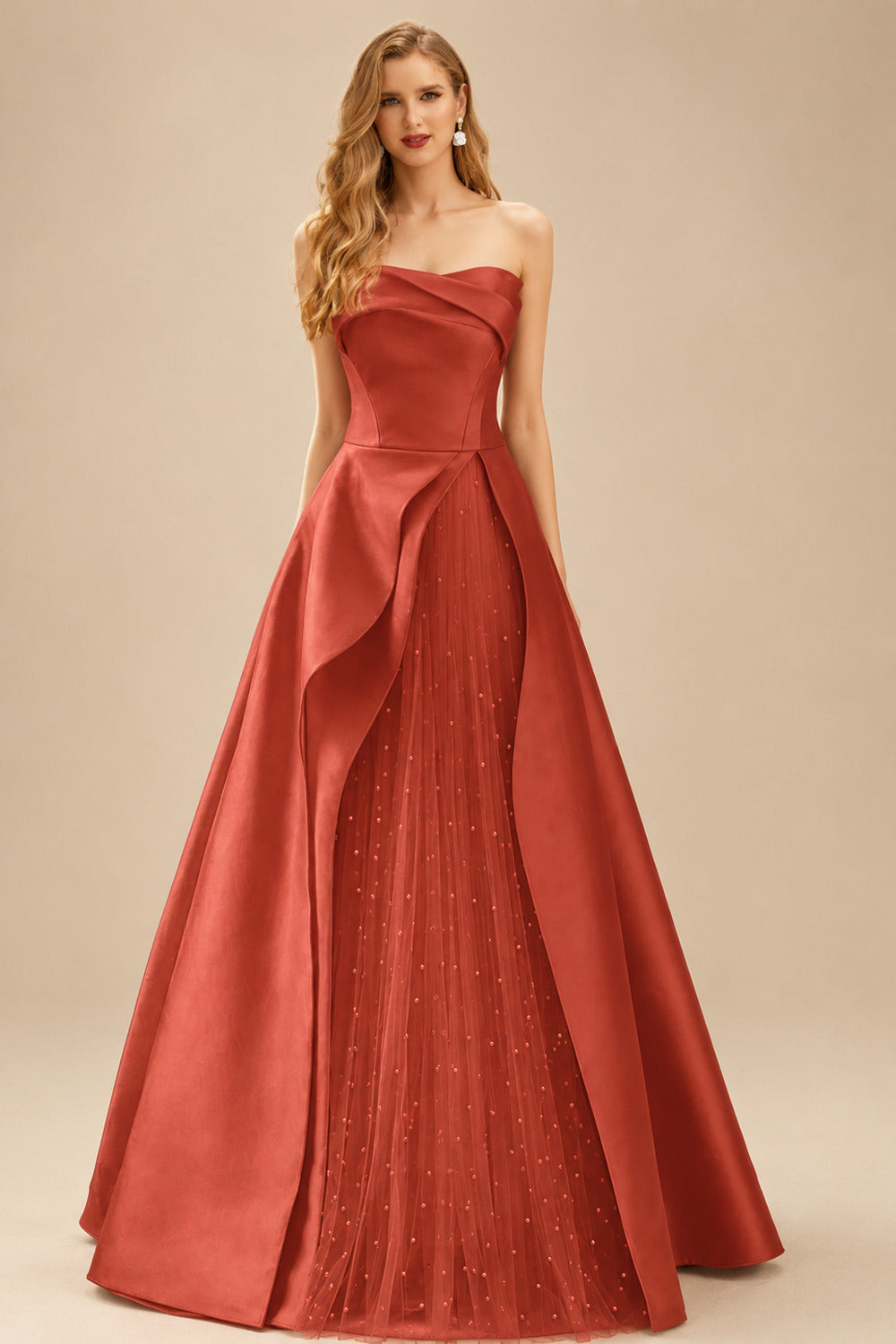 Rutipo Vermilion A-Line Strapless Sleeveless Floor-Length Satin Prom Dresses