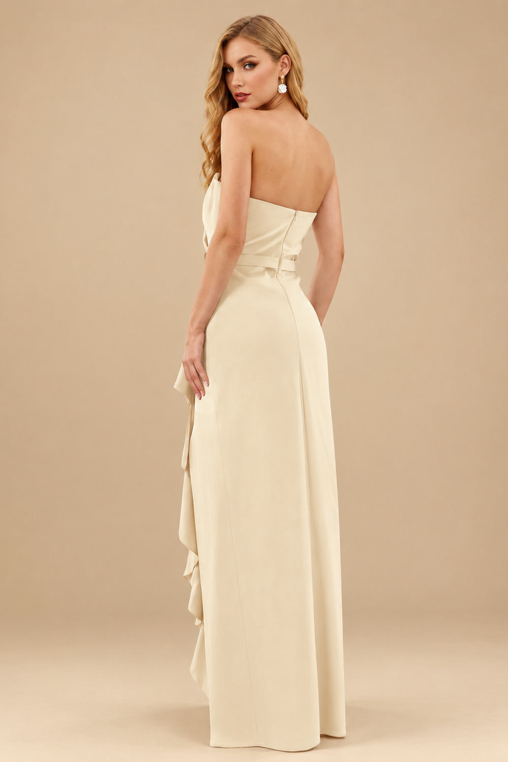 Rutipo Champagne Sheath/Column Strapless Elastic Satin Prom Dresses With Split Front/Cascading Ruffles
