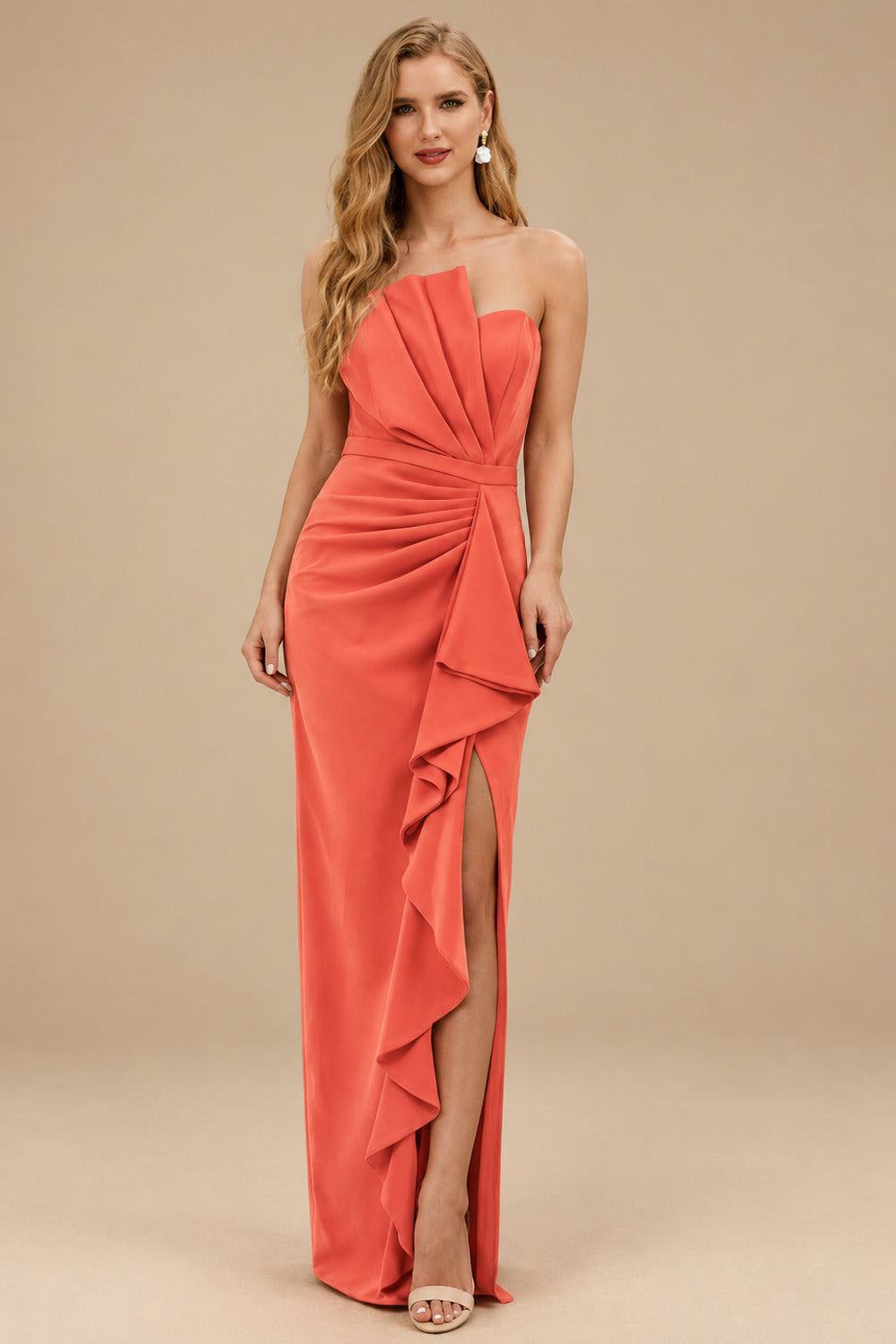 Rutipo Papaya Sheath/Column Strapless Elastic Satin Prom Dresses With Split Front/Cascading Ruffles