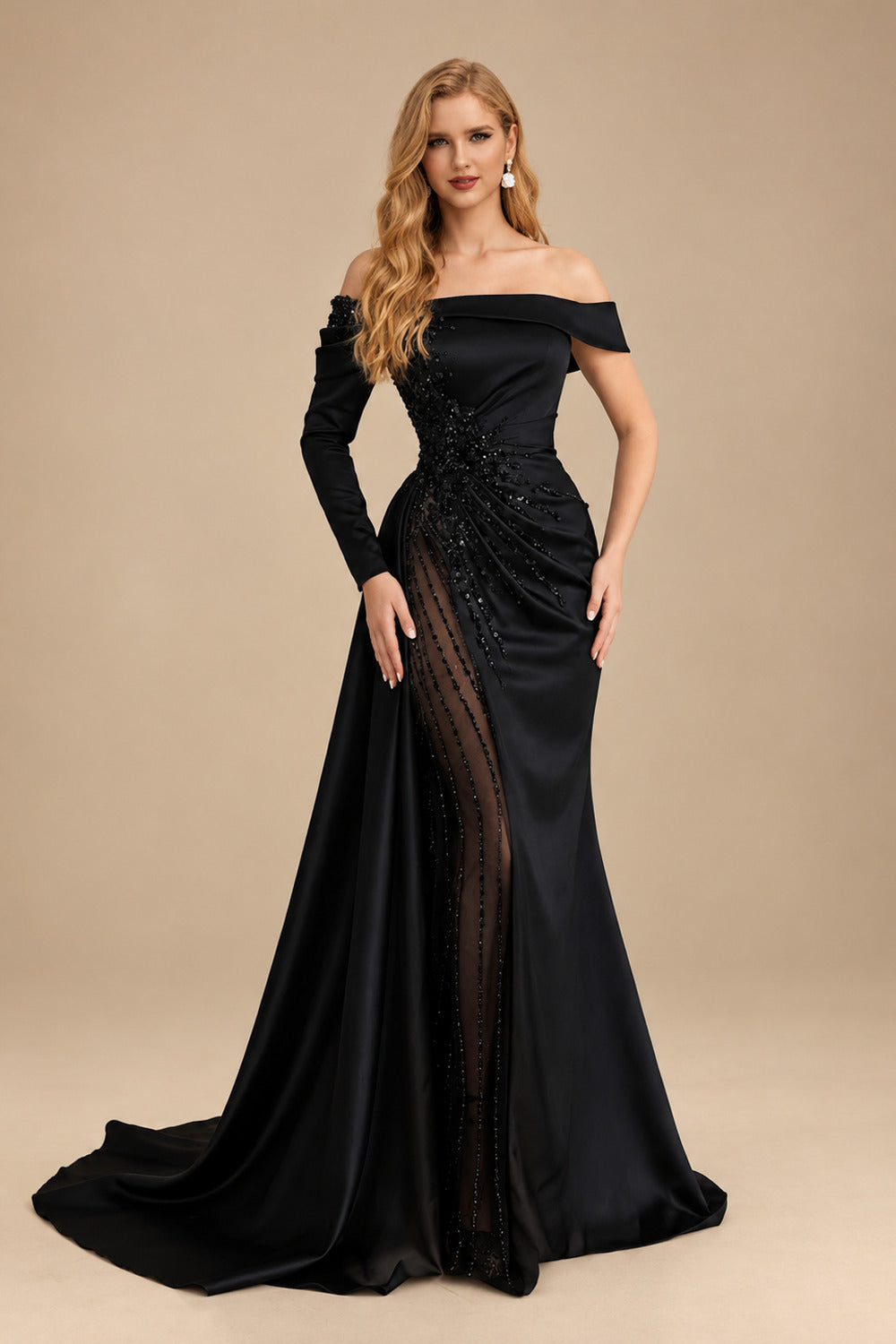 Rutipo Black Sheath/Column Off-The-Shoulder Long Sleeves Sweep Train Satin/Sequined Prom Dresses With Beading/High Split