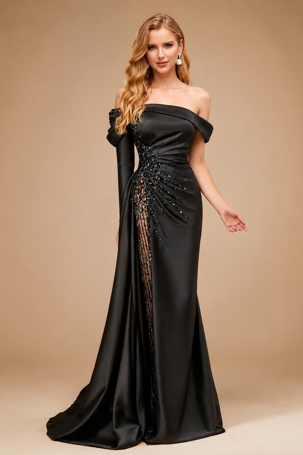 Rutipo Black Sheath/Column Off-The-Shoulder Long Sleeves Sweep Train Satin/Sequined Prom Dresses With Beading/High Split