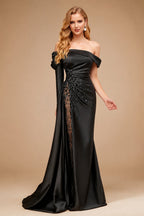Rutipo Black Sheath/Column Off-The-Shoulder Long Sleeves Sweep Train Satin/Sequined Prom Dresses With Beading/High Split