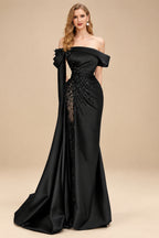 Rutipo Black Sheath/Column Off-The-Shoulder Long Sleeves Sweep Train Satin/Sequined Prom Dresses With Beading/High Split