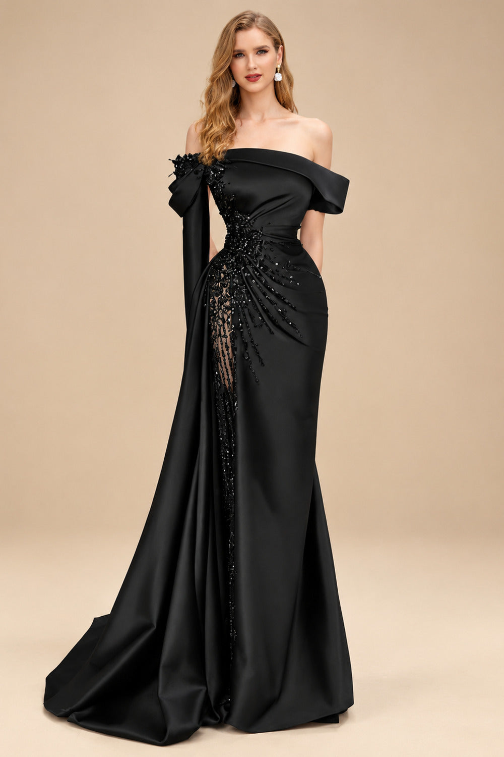 Rutipo Black Sheath/Column Off-The-Shoulder Long Sleeves Sweep Train Satin/Sequined Prom Dresses With Beading/High Split