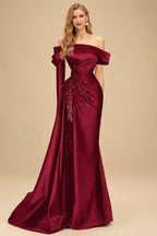 Rutipo Burgundy Sheath/Column Off-The-Shoulder Long Sleeves Sweep Train Satin/Sequined Prom Dresses With Beading/High Split