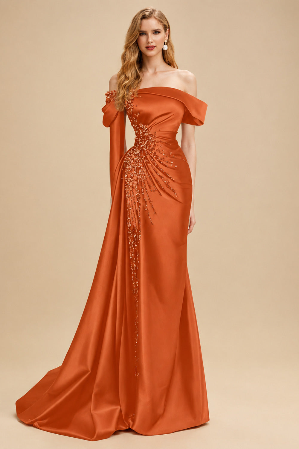 Rutipo Burnt Orange Sheath/Column Off-The-Shoulder Long Sleeves Sweep Train Satin/Sequined Prom Dresses With Beading/High Split