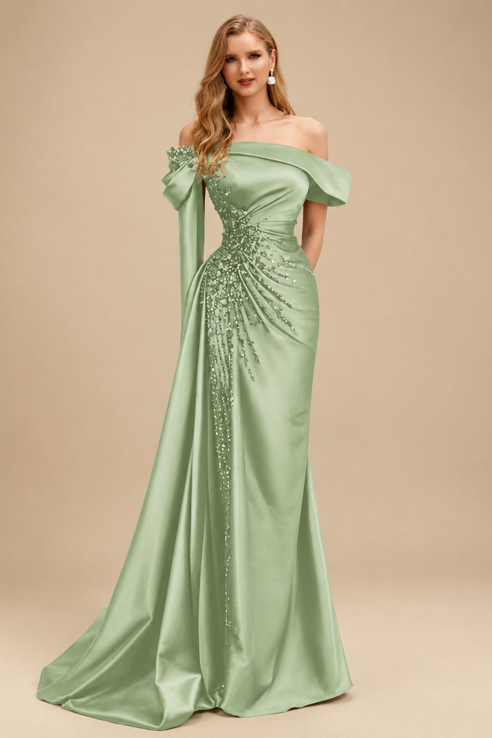 Rutipo Celadon Sheath/Column Off-The-Shoulder Long Sleeves Sweep Train Satin/Sequined Prom Dresses With Beading/High Split
