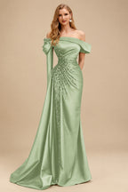 Rutipo Celadon Sheath/Column Off-The-Shoulder Long Sleeves Sweep Train Satin/Sequined Prom Dresses With Beading/High Split